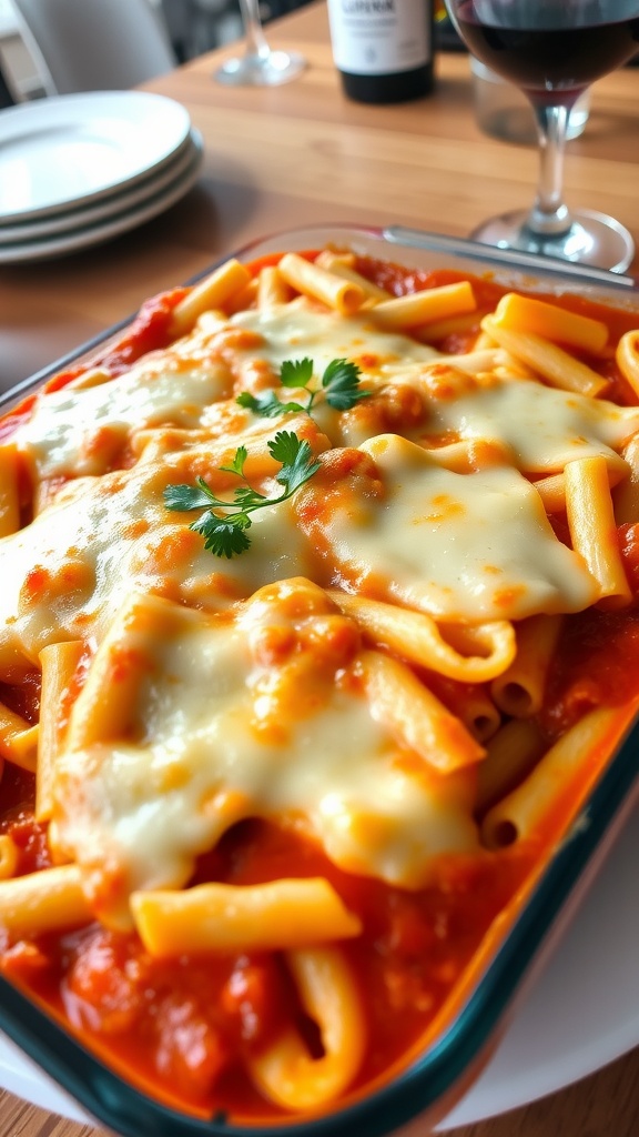Classic Baked Ziti with Ricotta Cheese A delicious baked ziti with ricotta cheese, topped with melted mozzarella and garnished with parsley.